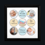 Boîte À Souvenirs Photo Collage Baby Boy Nom du bébé, état de naissa<br><div class="desc">Personnalisez ce gardien merveilleux avec 5 photos personnalisées de votre nouveau-né, encadrées de cercles ludiques et d'un arrière - plan neutre blanc. (Les photos Instagram fonctionnent bien !) Ajoutez facilement des détails faire-part de naissance - Nom, date de naissance, poids et hauteur. De mignons canards bébé ornent les deux cercles...</div>