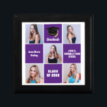 Boîte À Souvenirs Purple Graduate 5 photo Collage personnalisé Gradu<br><div class="desc">Une boîte cadeau de collage de collage de photo classique personnalisée pour un baccalauréat avec carrés violets classique pour un baccalauréat avec la classe de 2025. Customisez avec vos portraits, votre nom d'école et votre diplôme pour un grand cadeau personnalisé. Il dispose d'un modèle de 5 photos séparées par des...</div>