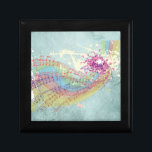 Boîte À Souvenirs Retro Arc en ciel et notes musicales sur une textu<br><div class="desc">Cette passionnante image musicale à thème est un design rétro funky d'un arc-en-ciel couleur pastel avec des notes de musique multicolores foncées sur des morceaux de partitions explosant vers l'extérieur. Les papillons et les éclaboussures de peinture semblent éclater du centre. L'arrière - plan est un style vintage, vert foncé et...</div>