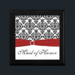 Boîte À Souvenirs Rouge, Noir, Blanc Damas Maid of Honor Boîte à Tri<br><div class="desc">Cette boîte à bijoux en damas noir et blanc personnalisable a un ruban FAUX rouge et broche à bijoux dessus. Vous pouvez changer les mots "Maid of Honor" en n'importe quel membre de la fête de mariage dont vous avez besoin, comme le nom du récipiendaire, leur monogramme, ou simplement "Merci"....</div>