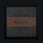 Boîte À Souvenirs Texture en cuir Vintage Brown et noir<br><div class="desc">Image élégante de la texture en cuir vintage brun et noir avec effet points de suture. Monogramme personnalisable en noir avec élément de design de tourbillons noirs calligraphiques.</div>