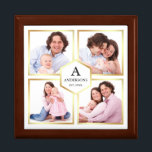 Boîte À Souvenirs White and Gold 4 Photos Family Photo Collage<br><div class="desc">Téléchargez vos photos préférées pour créer votre propre cadeau photo personnalisé et unique.</div>