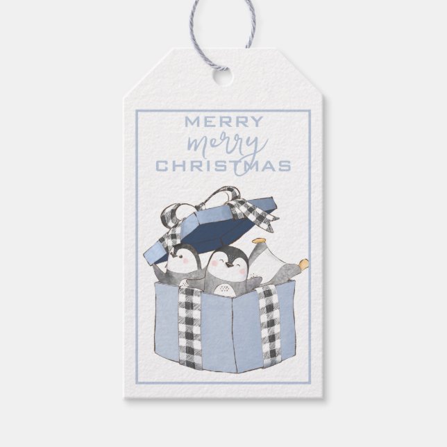Boîte bleue de pingouins, mignonnes étiquettes cad (Devant)