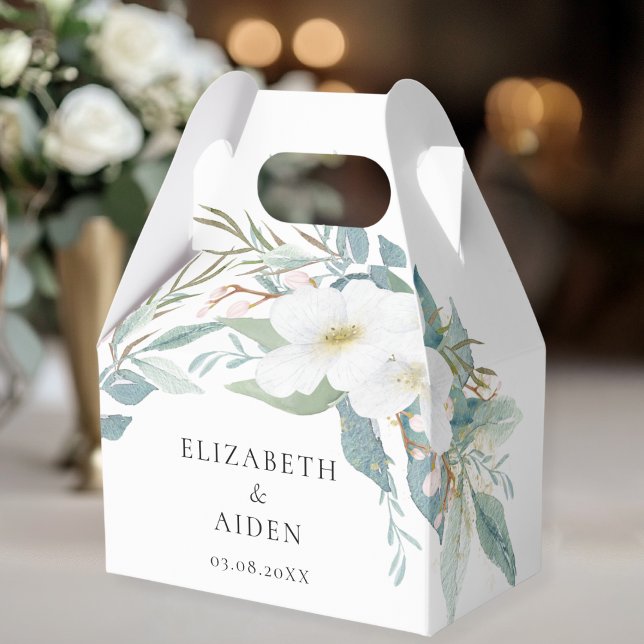Boite cadeau Floral, Blanc, Boîte Mariage (Floral, White, Greenery, Wedding Box gift box with your name and date.)