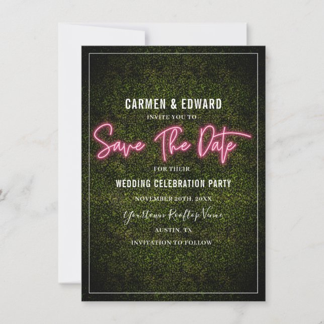 Boîte de Buis Néon Rose pour Faire-Part de Mariage (Devant)