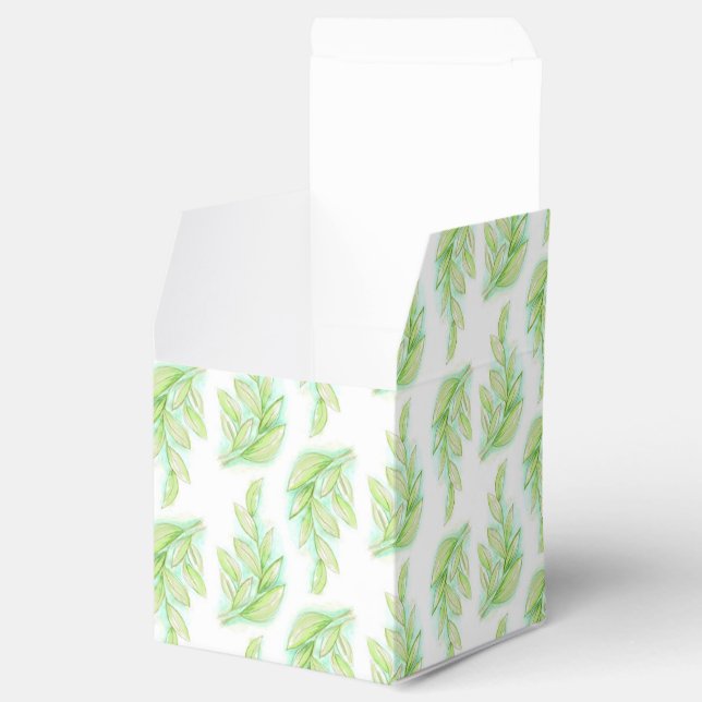 Boite de faveur pour mariage vert feuilles à resso (Ouvert)