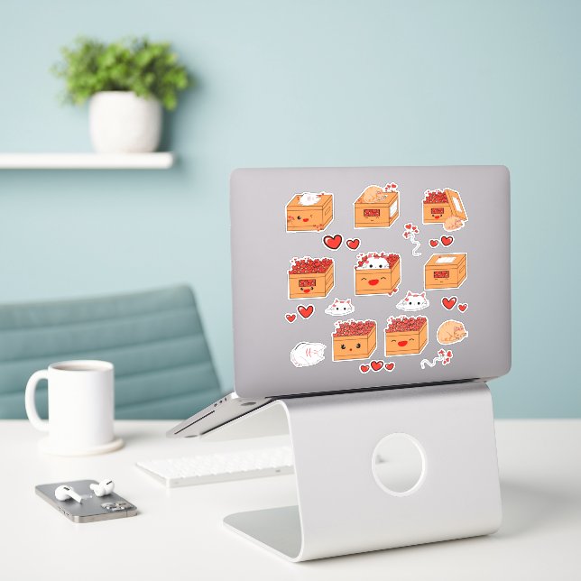 Boîte Kawaii de cœurs et autocollant vinyle de cha (Ordinateur portable sur le bureau)