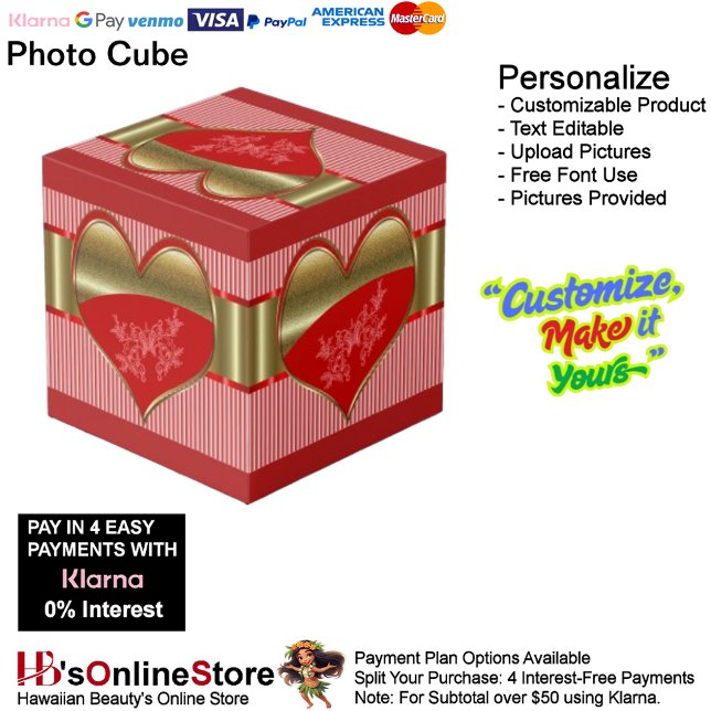Boîtes de coeur Cube photo (Boxes of Hearts Red Gold Stripes Photo Cube with Red Background.)