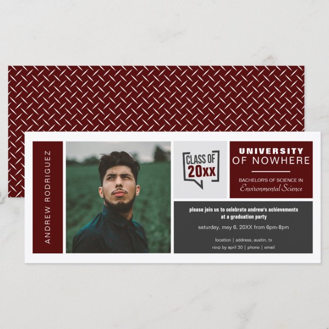 Boîtes Maroon & Photo Large Graduation Invitation (Devant / Derrière)