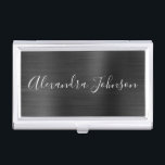 Boîtier Pour Cartes De Visite Black Metallic Foil Entreprise moderne<br><div class="desc">Noir Foil Metallic Acier Inoxydable Minimaliste Porte-carte de visite avec typographie de signature de script en lettres blanches pour le monogramme. Les détenteurs de cartes d'affaires Foil Metal peuvent être customisés avec votre nom. Veuillez contacter le concepteur pour customiser les articles correspondants.</div>