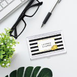 Boîtier Pour Cartes De Visite Black Stripe & Gold Peony Business Card Holder<br><div class="desc">This sleek and feminine business card holder features bold black and white stripes with a gleaming peony flower in faux gold effect. Coordinates with our Black Stripe & Gold Peony office accessories,  paper products,  and accessories. Customize with a monogram,  name or text of your choice!</div>