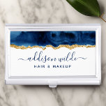 Boîtier Pour Cartes De Visite Case de carte de visite Marine Blue and Gold Water<br><div class="desc">Boîtier De Carte D'Affaires Marine Blue And Gold Watercolor. Elégant Marine bleu et or géométrique lettré à la main style calligraphie script design professionnel. Parfait pour les maquilleurs,  coiffeurs,  cosmétologues,  et plus encore !</div>