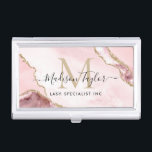 Boîtier Pour Cartes De Visite Chic Blush rose or Parties scintillant marbre Agat<br><div class="desc">Élégant moderne chic Blush or rose Parties scintillant marbre Agate Monogramme Carte de visite</div>