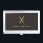 Boîtier Pour Cartes De Visite Cisailleur minimaliste en or Faux foncé<br><div class="desc">Elégant porte carte de visite avec faux motif ciseau or et arrière - plan gris foncé. Parfait pour coiffeur. Design minimaliste masculin.</div>