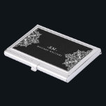 Boîtier Pour Cartes De Visite Élégant blanc sur cadre de dentelle Vintage noire<br><div class="desc">Elégant blanc sur noir vintage dentelle cadre et motif et tourbillons géométriques. Texte personnalisable en blanc suggéré.</div>