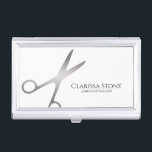 Boîtier Pour Cartes De Visite Elégant ciseaux d'argent moderne coiffeur<br><div class="desc">Design moderne et élégant pour coiffeurs avec ciseaux faux argent et police de calligraphie élégante.</div>