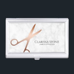 Boîtier Pour Cartes De Visite Elégant ciseaux d'or rose moderne coiffeur<br><div class="desc">Design moderne et élégant pour coiffeurs avec ciseaux d'or faux rose,  marbre blanc et police de calligraphie élégante.</div>
