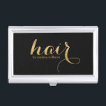 Boîtier Pour Cartes De Visite Elégante conception de texte de cheveux noirs et d<br><div class="desc">Elégant noir arrière - plan et tons or Design de texte de cheveux. Nom personnalisable pour coiffeur stylist.</div>