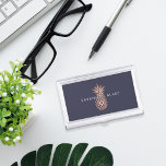 Boîtier Pour Cartes De Visite Faux Rose Gold Pineapple | Personalized<br><div class="desc">Elegant business card holder features your name and/or business name in modern white lettering,  overlaid on a faux rose gold foil illustration on a midnight blue background. Shop matching items from our Pineapple office collection to complete your look!</div>