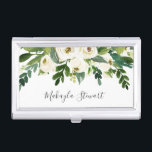 Boîtier Pour Cartes De Visite Fille Elégant Floral Roses et Nom de la verdure<br><div class="desc">Elégant coque carte de visite avec aquarelle peinte de roses blanches et de verdure avec votre nom dans une police manuscrite élégante. Ce coque carte de visite féminin est idéal pour un technicien en agrandissement,  un maquilleur,  un coiffeur ou toute entreprise appartenant à une femme.</div>
