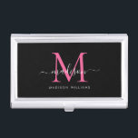 Boîtier Pour Cartes De Visite Fille Noir Hot rose Magenta Monogramme Nom du scri<br><div class="desc">Élégant noir Hot rose Magenta Monogramme Girly Script Nom de la carte de visite</div>