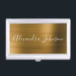 Boîtier Pour Cartes De Visite Gold Foil élégant moderne luxe<br><div class="desc">Faux Gold Foil Metallic Acier Inoxydable Minimaliste Titulaire de carte de visite avec typographie de signature en écriture blanche pour le monogramme. Les détenteurs de cartes d'affaires Gold Foil Metal peuvent être customisés avec votre nom. Veuillez contacter le concepteur pour customiser les articles correspondants.</div>