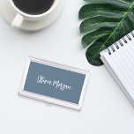 Boîtier Pour Cartes De Visite Harbor Blue Sketched Cursive Script<br><div class="desc">Elegant business card case features your name,  title,  or choice of personalization in white hand scripted cursive lettering on a dusty blue background.</div>