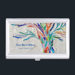 Boîtier Pour Cartes De Visite Instructeur de Yoga Arc-en-ciel<br><div class="desc">Cette coque carte de visite décorative est ornée d'un imprimé d'arbre de couleur arc-en-ciel sur un arrière - plan gris pâle. J'ai fait le design original en mosaïque en utilisant de nombreux petits fragments de verre aux couleurs vives. Ajoutez votre nom, occupation pour personnaliser ce coque de carte. Cette conception...</div>