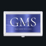 Boîtier Pour Cartes De Visite Métal brossé bleu marine 3 Monogrammes Script<br><div class="desc">Moderne Elégant Marine Bleu Brossé Métal Monogramme Script de carte de visite</div>