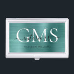 Boîtier Pour Cartes De Visite Moderne Turquoise vert brossé Métal 3 Monogramme S<br><div class="desc">Élégant Turquoise Vert brossé métal moderne Monogramme de monogramme de carte de visite</div>