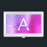 Boîtier Pour Cartes De Visite Monogramme en métal brossé violet élégant<br><div class="desc">Purple Faux Brossé Coiffure En Métal Styliste Minimaliste Titulaire De Carte D'Affaires. Pink & Rose Gold Brossé Metal Foil Stylist Business Card Le Titulaire est parfait pour une Styliste de cheveux ou un professionnel de beauté.</div>