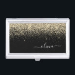 Boîtier Pour Cartes De Visite Parties scintillant Noir Or Script Monogramme Nom<br><div class="desc">Parties scintillant à étincelles noir et or Script Monogramme Nom Titulaire de carte de visite. Cela rend le cadeau parfait pour 16 ans,  mariage,  douche nuptiale,  anniversaire,  baby shower ou bachelorette pour quelqu'un qui aime le luxe glam et les styles chic.</div>