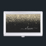 Boîtier Pour Cartes De Visite Parties scintillant Noir Or Script Monogramme Nom<br><div class="desc">Parties scintillant à étincelles noir et or Script Monogramme Nom Titulaire de carte de visite. Cela rend le cadeau parfait pour 16 ans,  mariage,  douche nuptiale,  anniversaire,  baby shower ou bachelorette pour quelqu'un qui aime le luxe glam et les styles chic.</div>