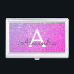Boîtier Pour Cartes De Visite Parties scintillant rose violet et monogramme étin<br><div class="desc">Pink and Purple Ombre Faux Parties scintillant et Sparkle Elegant Monogramme Titulaire de carte de visite. Ce détenteur de carte de visite peut être customisé pour inclure votre nom initial et prénom.</div>