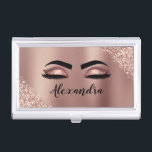 Boîtier Pour Cartes De Visite Rose Gold Blush Pink Monogram Glitter Eyelashes<br><div class="desc">Rose Gold - Blush Pink Faux Foil Parties scintillant d'étincelle métallique broyée Monogramme en métal Nom et cils initiaux (cils), Extensions d'oreille et des yeux Porte-carte d'affaires. Cela rend le cadeau parfait pour 16 ans, mariage, douche nuptiale, anniversaire, baby shower ou bachelorette cadeau pour quelqu'un décorant sa chambre dans le...</div>