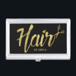 Boîtier Pour Cartes De Visite Salon moderne de manuscrit d'or de coiffeur<br><div class="desc">Porte-cartes de carte de visite élégant d'or de coiffeur de salon moderne de manuscrit.</div>