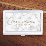 Boîtier Pour Cartes De Visite White marble look elegant calligraphy script font<br><div class="desc">Elegant business card holder featuring your name in an elegant calligraphy script font with the title below on a printed marble look background</div>