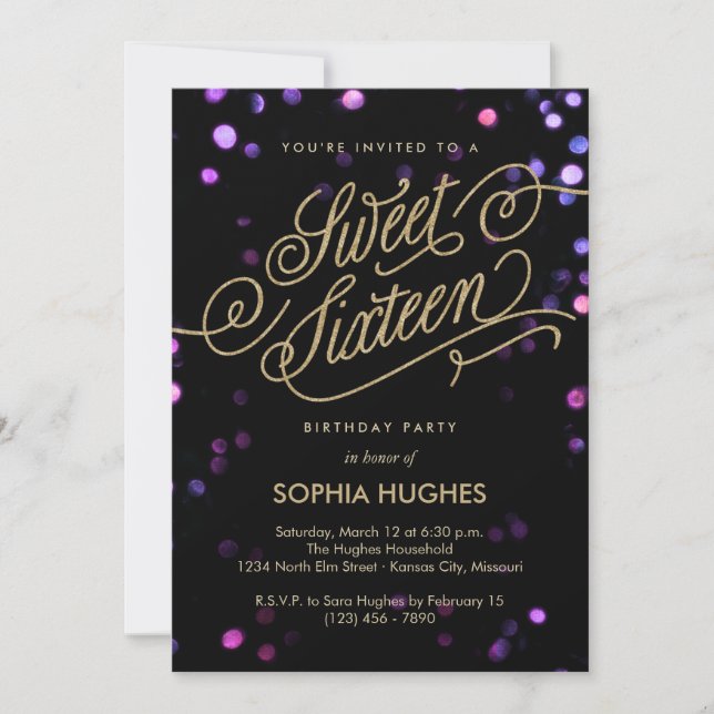 Bokeh Glam Faux Gold Sweet sixteen Invitation (Devant)