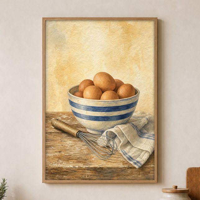 Bol à mélanger rayé avec affiche aquarelle d'œufs (Shown framed for scale. Poster ships unframed; frames are an optional add-on.)
