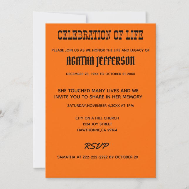 Bold Amber Celebration of Life Invitation (Devant)