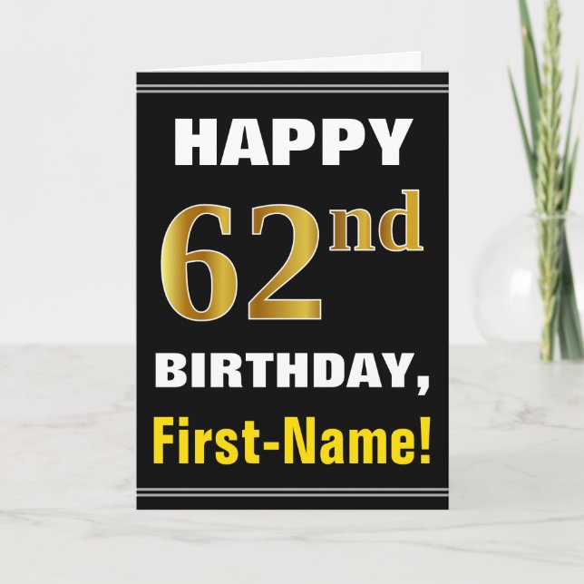 Bold, Black, Faux Gold 62e anniversaire avec carte (Devant)