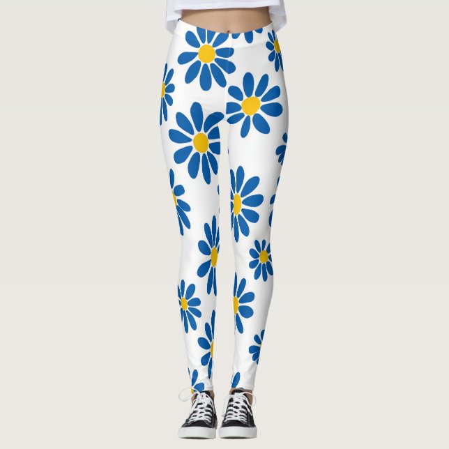 Bold Blue Daisy Floral Print Leggings (Devant)
