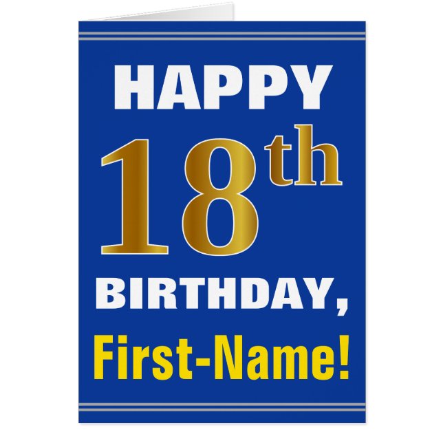 Bold, Blue, Faux Gold 18th Birthday w/ Name Card (Devant)