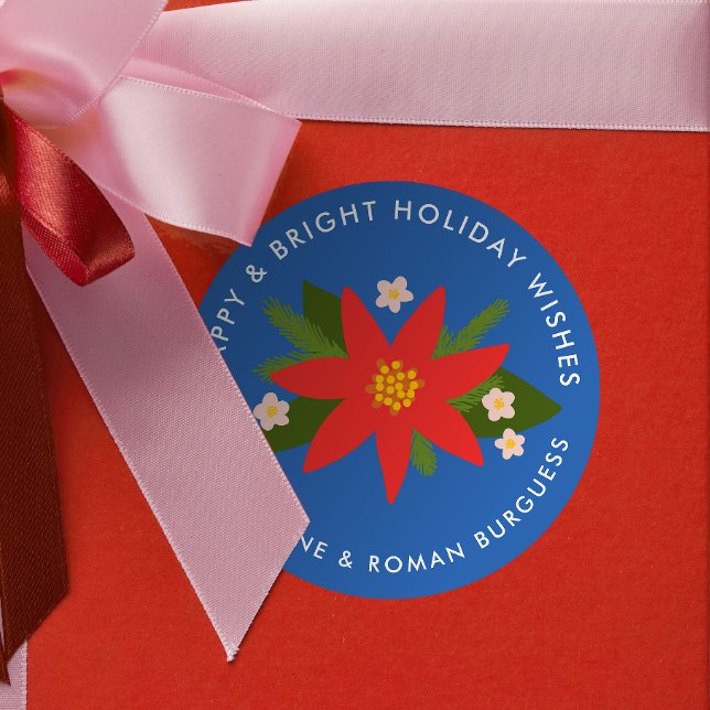 Bold Blue Poinsettia Noël Étiquette cadeau de vaca (bright blue modern poinsettia custom text  Christmas gift sticker)