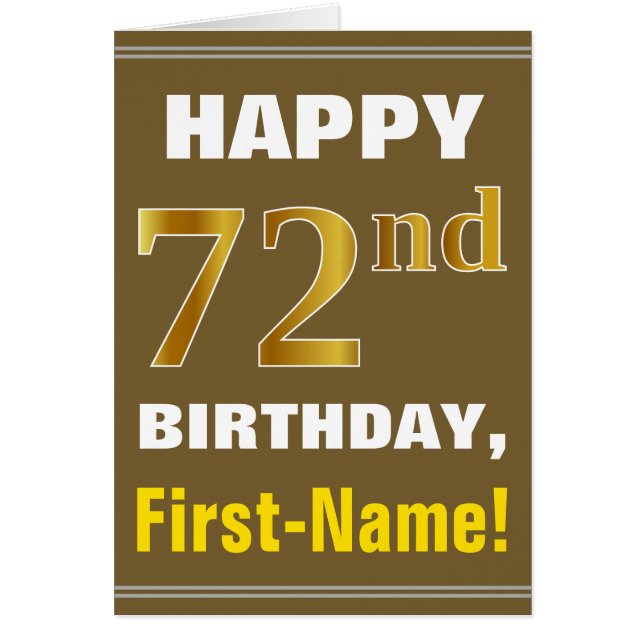 Bold, Brown, Faux Gold 72nd Birthday w/ Name Card (Devant)