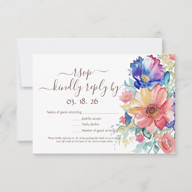 Bold Colorful Watercolor Floral RSVP Card (Devant)