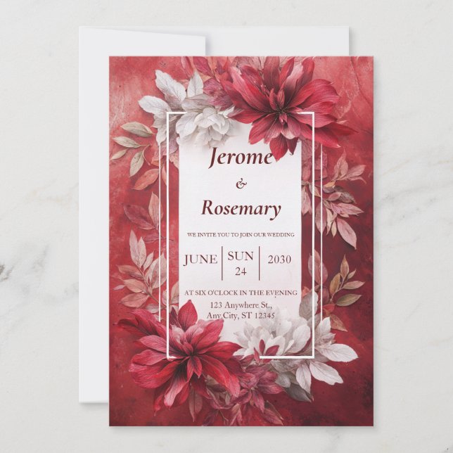 Bold Crimson Elegance Floral Faire-part de mariage (Devant)