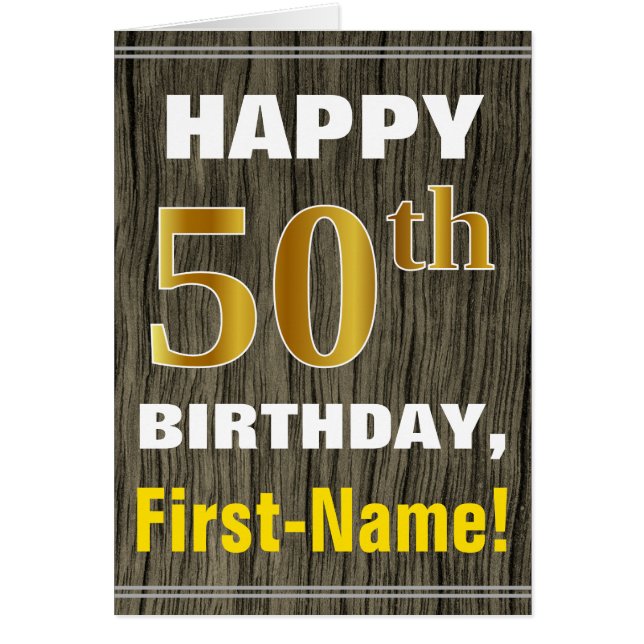 Bold, Faux Wood, Faux Gold 50th Birthday + Nom (Devant)