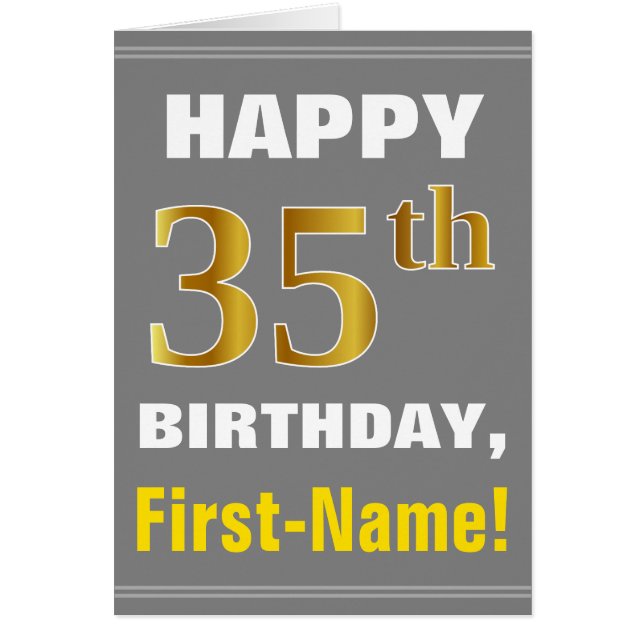 Bold, Gray, Faux Gold 35th Birthday w/ Name Card (Devant)