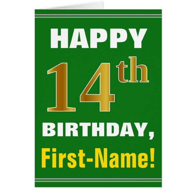 Bold, Green, Faux Gold 14th Birthday w/ Name Card (Devant)